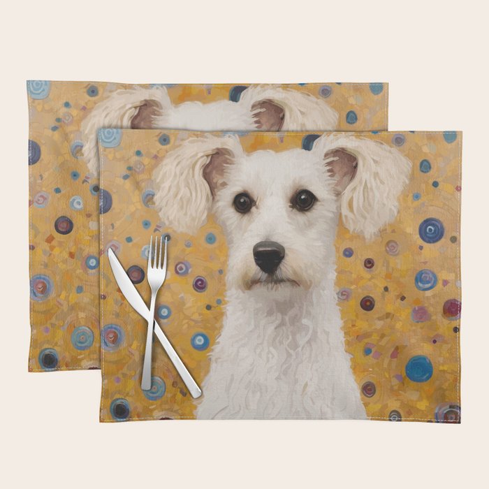 Gustav Klimt Style White Dog with Geometric Background  Placemat Gallery Image 1
