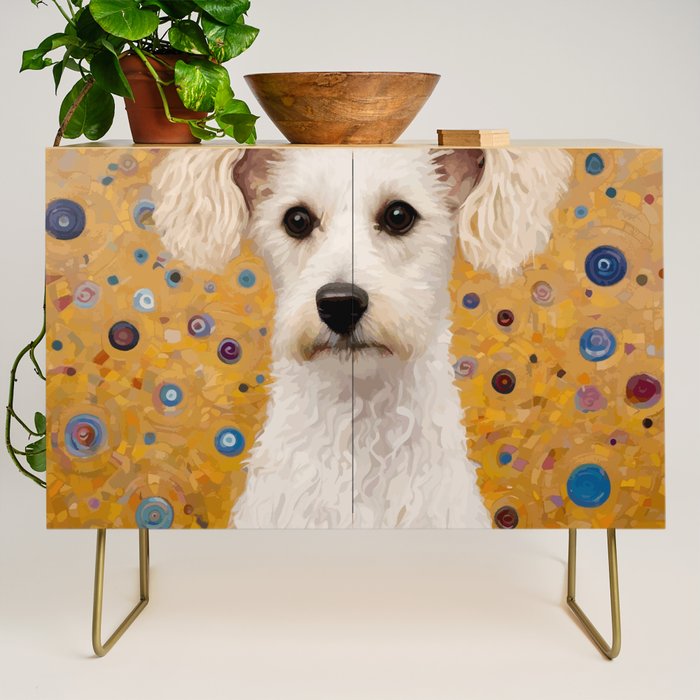Gustav Klimt Style White Dog with Geometric Background  Credenza Gallery Image 1