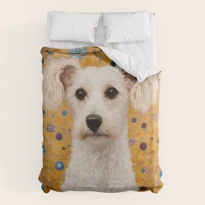 Gustav Klimt Style White Dog with Geometric Background  Duvet Cover Gallery Image 1