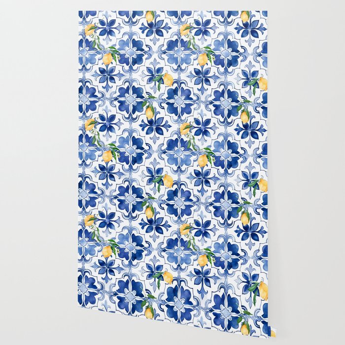 Blue tiles,mosaic,Mediterranean tiles,majolica art ,lemon ,citrus, Wallpaper Gallery Image 2