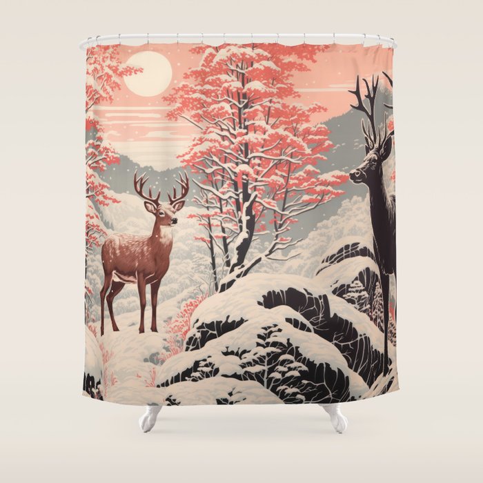 Majestic Winter Mountain Deer  Shower Curtain Gallery Image 1