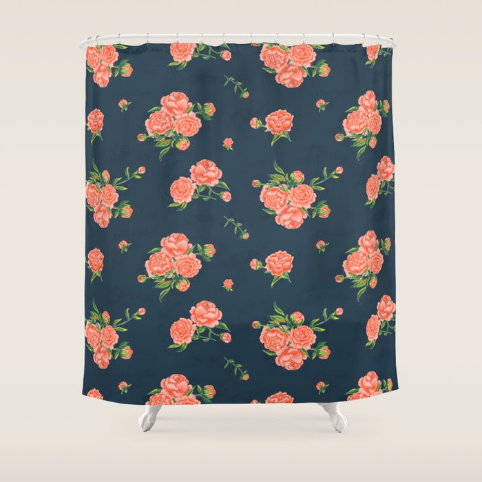 Painted Peonies Print - Coral and Navy Shower Curtain Gallery Image 1