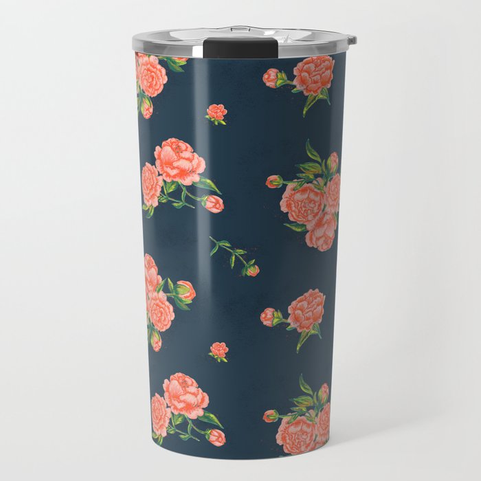Painted Peonies Print - Coral and Navy Travel Mug Gallery Image 1