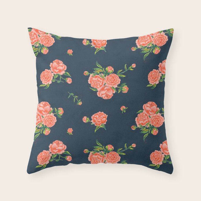 Painted Peonies Print - Coral and Navy Throw Pillow Gallery Image 1
