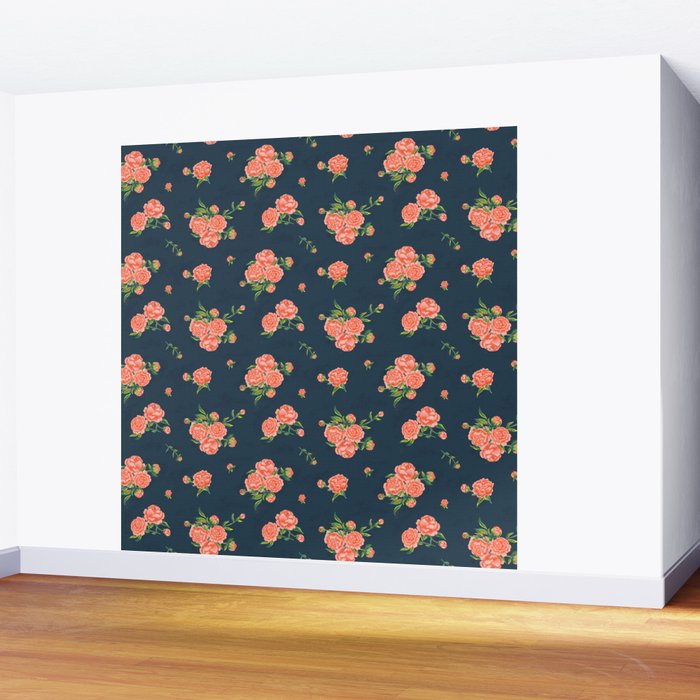 Painted Peonies Print - Coral and Navy Wall Mural Gallery Image 2