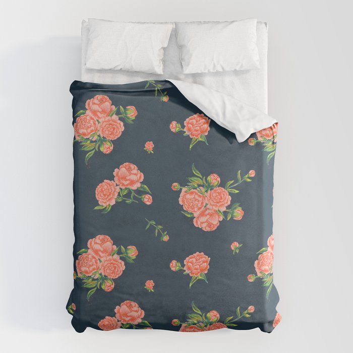 Painted Peonies Print - Coral and Navy Duvet Cover Gallery Image 1