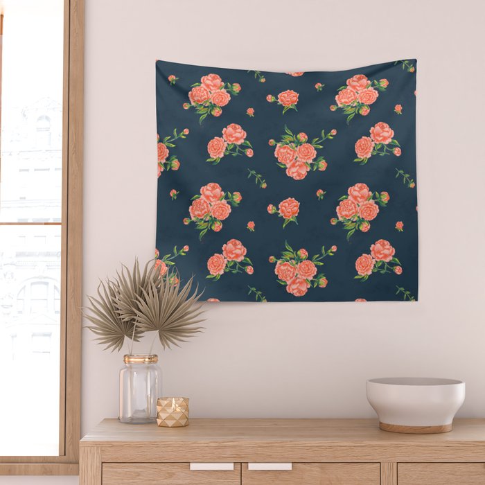 Painted Peonies Print - Coral and Navy Wall Tapestry Gallery Image 2
