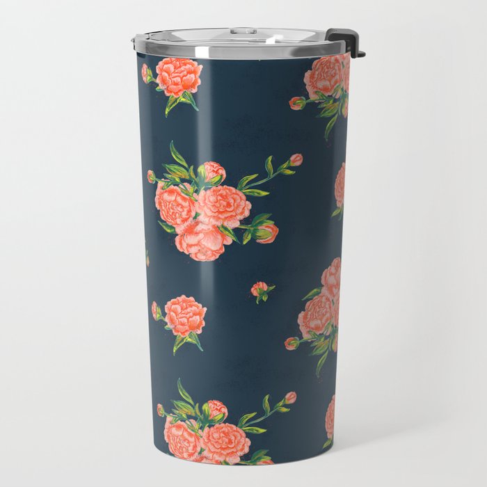 Painted Peonies Print - Coral and Navy Travel Mug Gallery Image 2