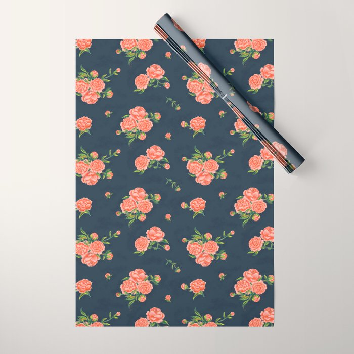 Painted Peonies Print - Coral and Navy Wrapping Paper Gallery Image 1