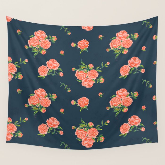 Painted Peonies Print - Coral and Navy Wall Tapestry Gallery Image 4