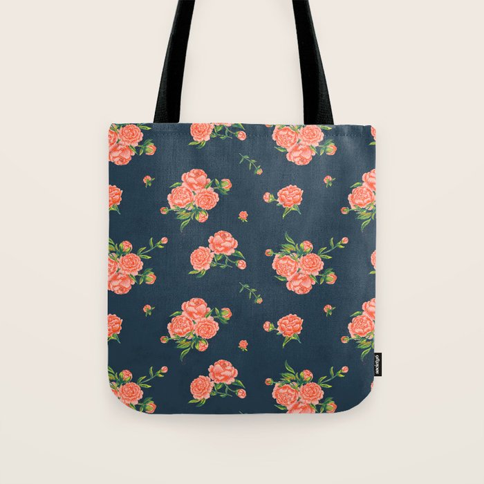 Painted Peonies Print - Coral and Navy Tote Bag Gallery Image 1