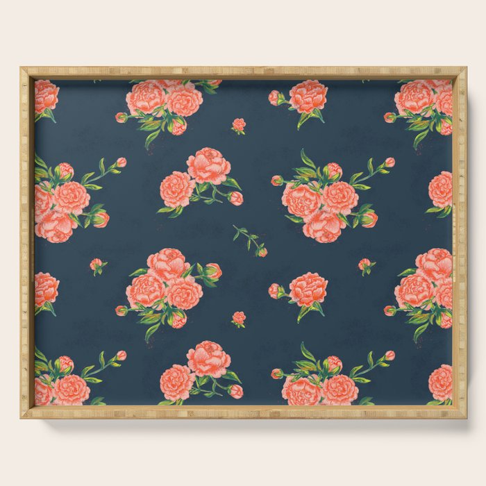 Painted Peonies Print - Coral and Navy Serving Tray Gallery Image 1
