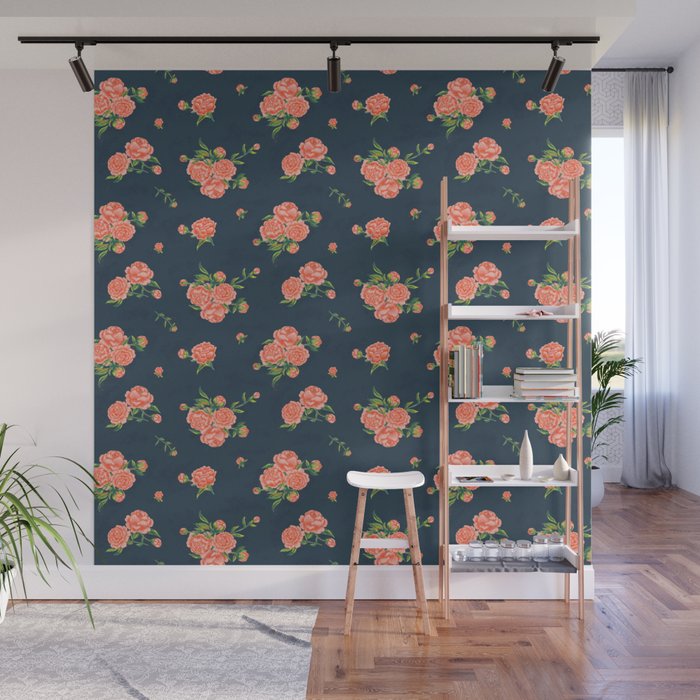 Painted Peonies Print - Coral and Navy Wall Mural