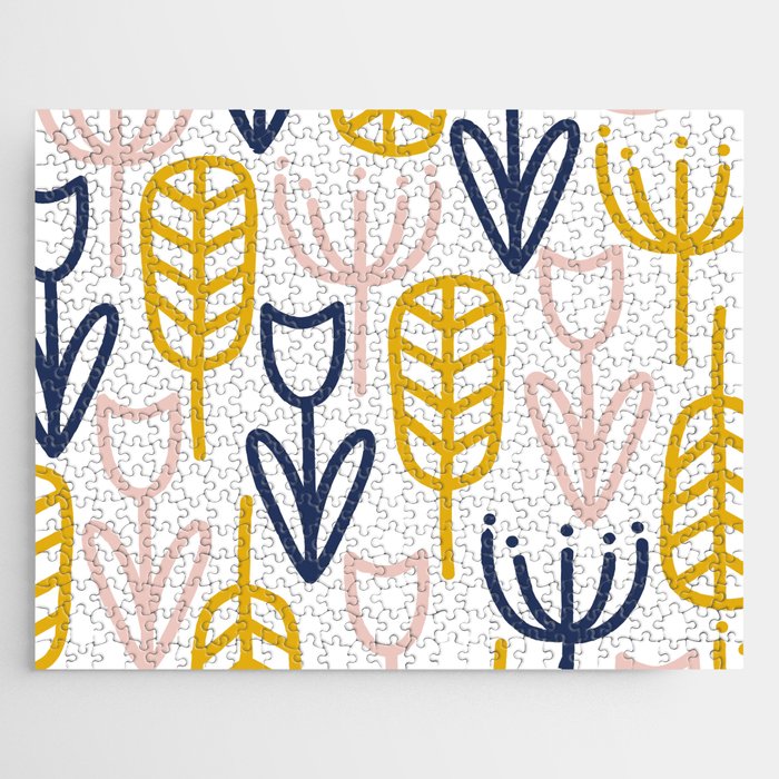 Cheerful Garden Minimalist Botanical Pattern in Mustard, Blush Pink, Navy Blue, and White Jigsaw Puzzle Gallery Image 1