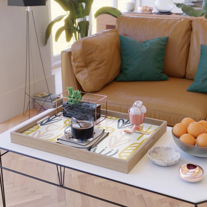 Cheerful Garden Minimalist Botanical Pattern in Mustard, Blush Pink, Navy Blue, and White Serving Tray Gallery Image 2