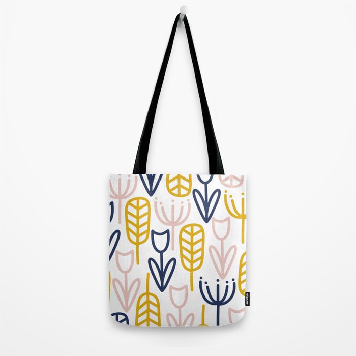 Cheerful Garden Minimalist Botanical Pattern in Mustard, Blush Pink, Navy Blue, and White Tote Bag Gallery Image 2