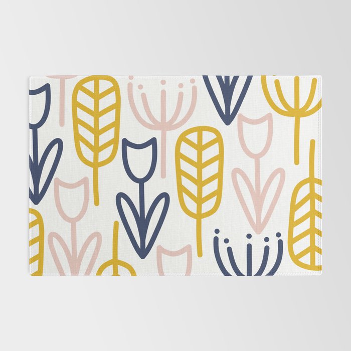 Cheerful Garden Minimalist Botanical Pattern in Mustard, Blush Pink, Navy Blue, and White Rug Gallery Image 2