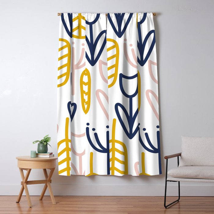Cheerful Garden Minimalist Botanical Pattern in Mustard, Blush Pink, Navy Blue, and White Window Curtain Gallery Image 1