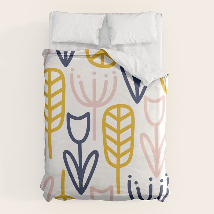 Cheerful Garden Minimalist Botanical Pattern in Mustard, Blush Pink, Navy Blue, and White Duvet Cover Gallery Image 1