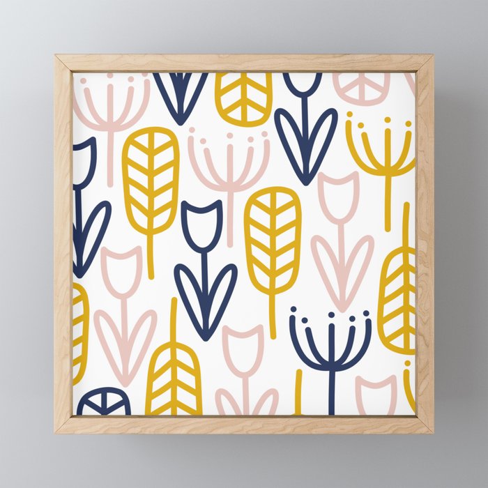 Cheerful Garden Minimalist Botanical Pattern in Mustard, Blush Pink, Navy Blue, and White Mini Art Print Gallery Image 1