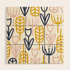 Cheerful Garden Minimalist Botanical Pattern in Mustard, Blush Pink, Navy Blue, and White Wood Wall Art Gallery Image 1