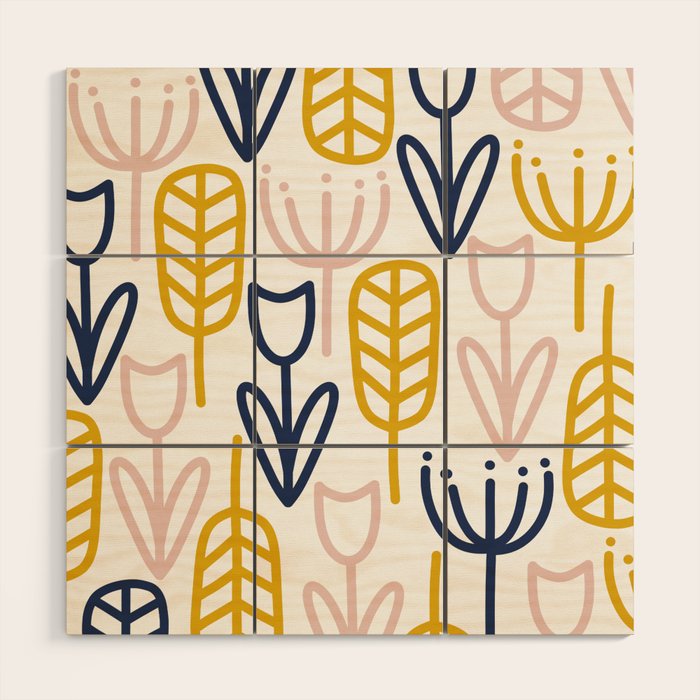 Cheerful Garden Minimalist Botanical Pattern in Mustard, Blush Pink, Navy Blue, and White Wood Wall Art Gallery Image 1