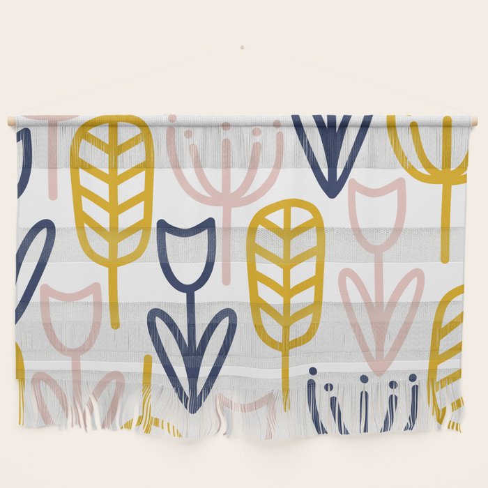 Cheerful Garden Minimalist Botanical Pattern in Mustard, Blush Pink, Navy Blue, and White Wall Hanging Gallery Image 1