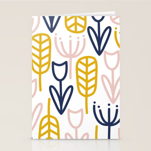 Cheerful Garden Minimalist Botanical Pattern in Mustard, Blush Pink, Navy Blue, and White Stationery Card Gallery Image 2
