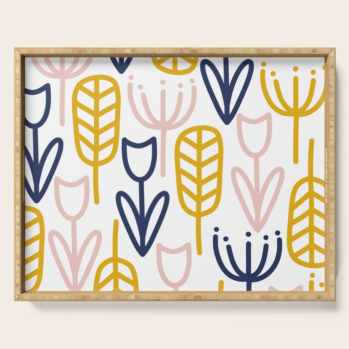 Cheerful Garden Minimalist Botanical Pattern in Mustard, Blush Pink, Navy Blue, and White Serving Tray Gallery Image 1