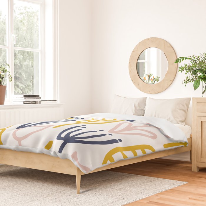 Cheerful Garden Minimalist Botanical Pattern in Mustard, Blush Pink, Navy Blue, and White Duvet Cover Gallery Image 2