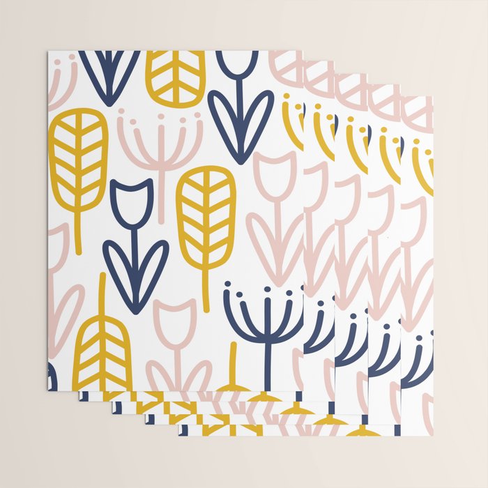 Cheerful Garden Minimalist Botanical Pattern in Mustard, Blush Pink, Navy Blue, and White Wrapping Paper Gallery Image 3