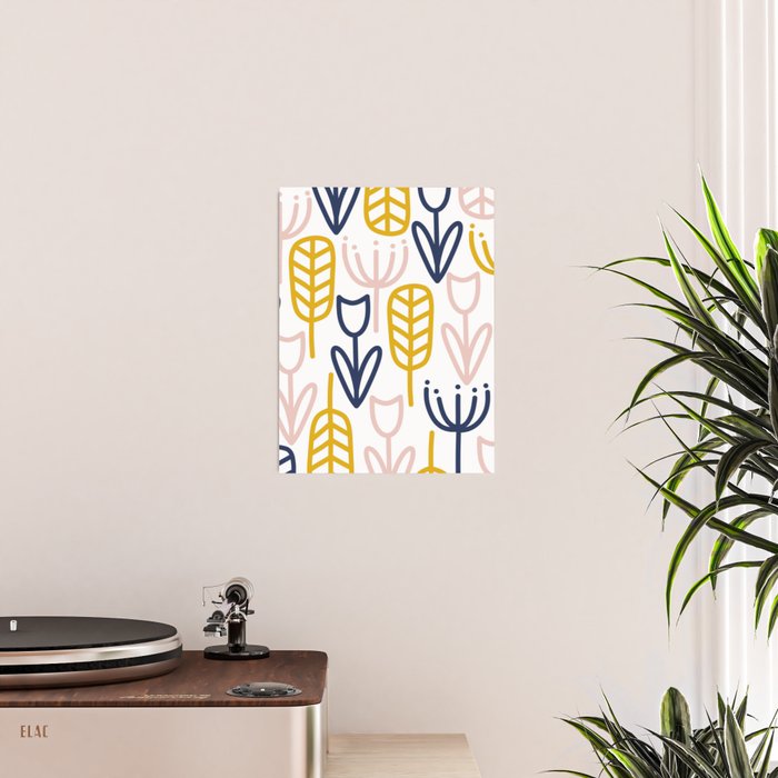 Cheerful Garden Minimalist Botanical Pattern in Mustard, Blush Pink, Navy Blue, and White Poster Gallery Image 2
