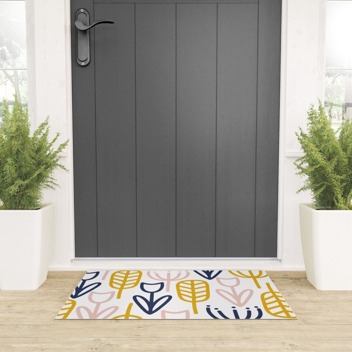 Cheerful Garden Minimalist Botanical Pattern in Mustard, Blush Pink, Navy Blue, and White Welcome Mat Gallery Image 3