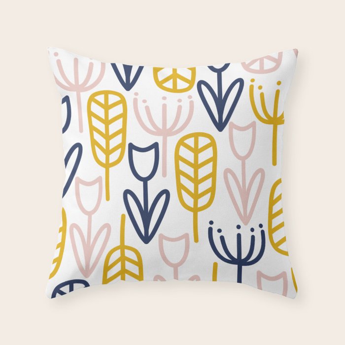 Cheerful Garden Minimalist Botanical Pattern in Mustard, Blush Pink, Navy Blue, and White Throw Pillow Gallery Image 6