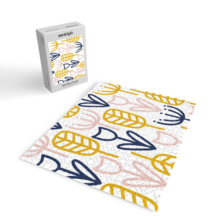 Cheerful Garden Minimalist Botanical Pattern in Mustard, Blush Pink, Navy Blue, and White Jigsaw Puzzle Gallery Image 2