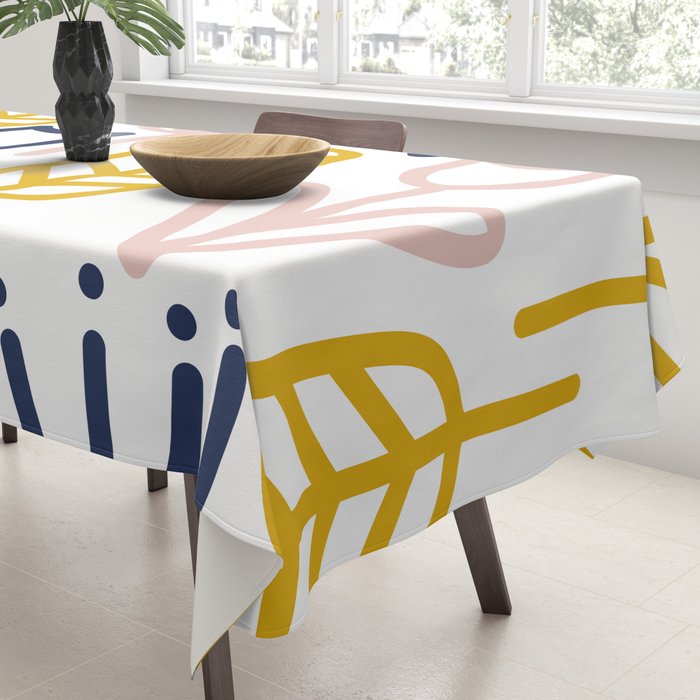 Cheerful Garden Minimalist Botanical Pattern in Mustard, Blush Pink, Navy Blue, and White Tablecloth Gallery Image 3