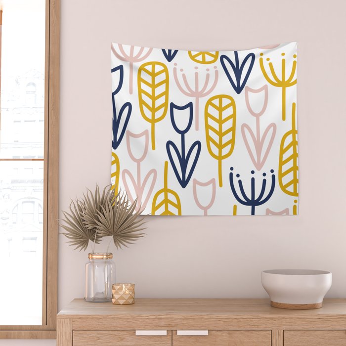 Cheerful Garden Minimalist Botanical Pattern in Mustard, Blush Pink, Navy Blue, and White Wall Tapestry Gallery Image 2