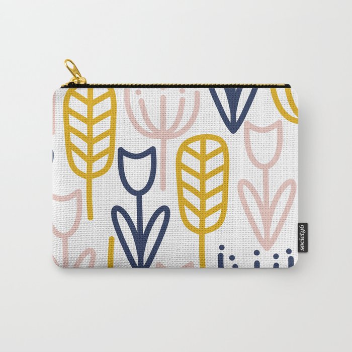 Cheerful Garden Minimalist Botanical Pattern in Mustard, Blush Pink, Navy Blue, and White Carry All Pouch