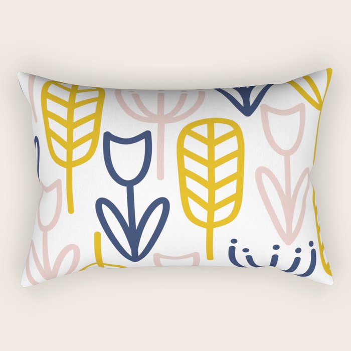 Cheerful Garden Minimalist Botanical Pattern in Mustard, Blush Pink, Navy Blue, and White Rectangular Pillow Gallery Image 2
