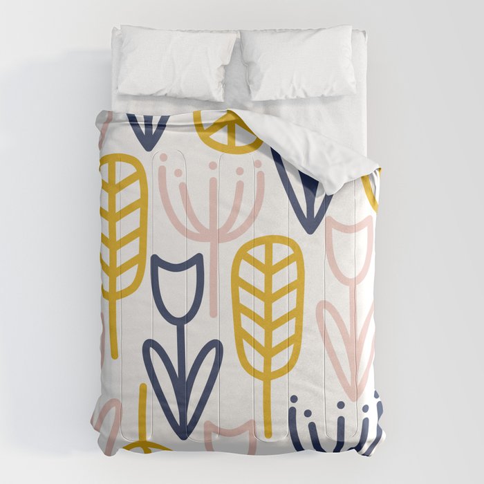 Cheerful Garden Minimalist Botanical Pattern in Mustard, Blush Pink, Navy Blue, and White Comforter Gallery Image 6