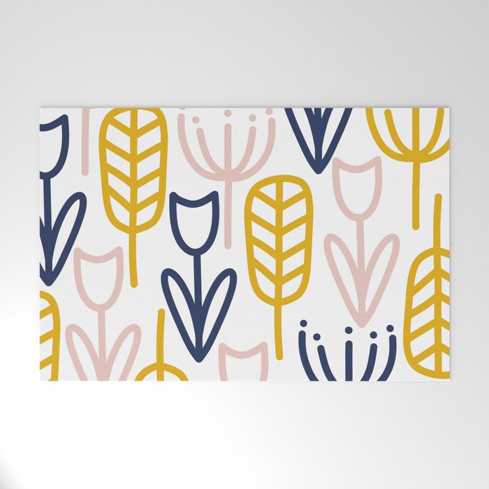 Cheerful Garden Minimalist Botanical Pattern in Mustard, Blush Pink, Navy Blue, and White Welcome Mat Gallery Image 1