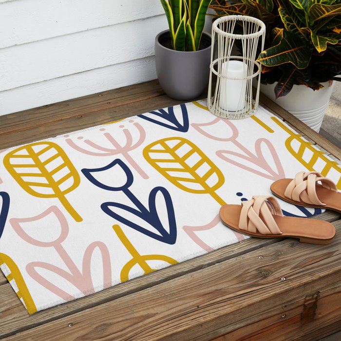 Cheerful Garden Minimalist Botanical Pattern in Mustard, Blush Pink, Navy Blue, and White Outdoor Rug Gallery Image 2