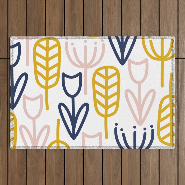 Cheerful Garden Minimalist Botanical Pattern in Mustard, Blush Pink, Navy Blue, and White Outdoor Rug Gallery Image 1