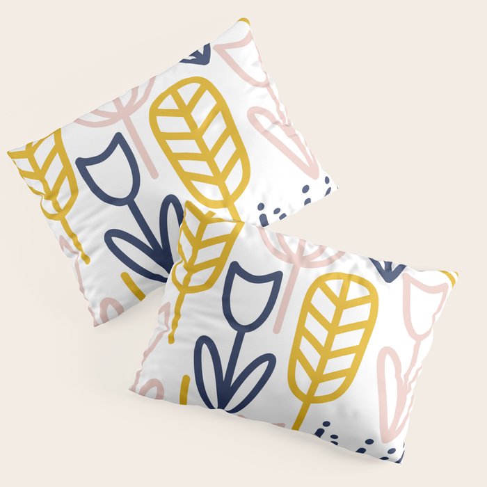 Cheerful Garden Minimalist Botanical Pattern in Mustard, Blush Pink, Navy Blue, and White Pillow Sham Gallery Image 3