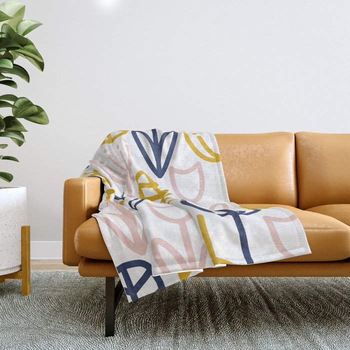 Cheerful Garden Minimalist Botanical Pattern in Mustard, Blush Pink, Navy Blue, and White Throw Blanket Gallery Image 1