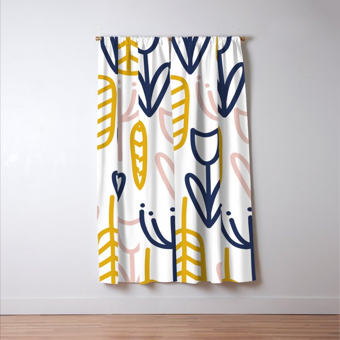 Cheerful Garden Minimalist Botanical Pattern in Mustard, Blush Pink, Navy Blue, and White Window Curtain Gallery Image 3