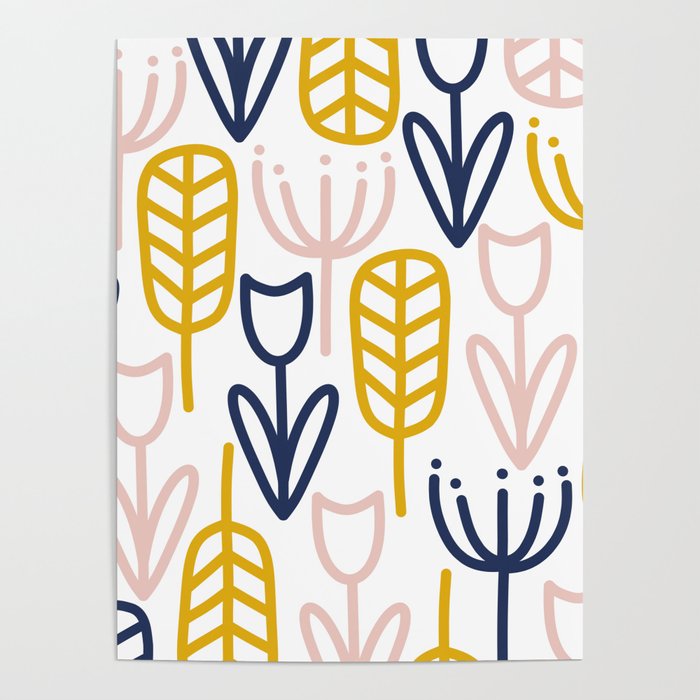 Cheerful Garden Minimalist Botanical Pattern in Mustard, Blush Pink, Navy Blue, and White Poster Gallery Image 1