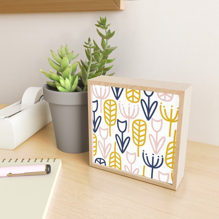 Cheerful Garden Minimalist Botanical Pattern in Mustard, Blush Pink, Navy Blue, and White Mini Art Print Gallery Image 2