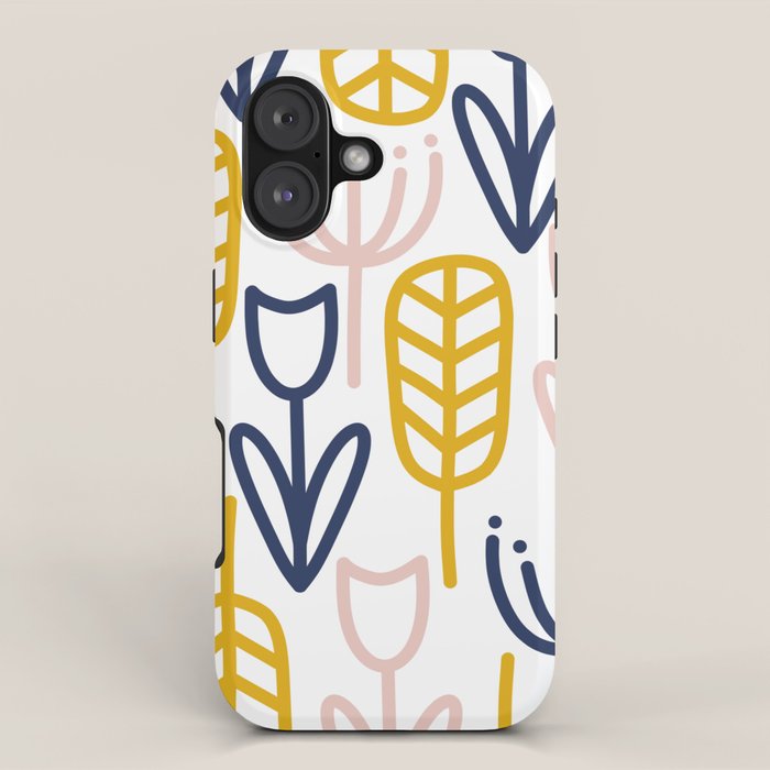 Cheerful Garden Minimalist Botanical Pattern in Mustard, Blush Pink, Navy Blue, and White iPhone Case Gallery Image 1