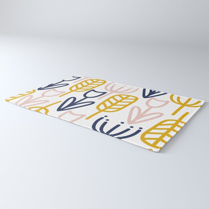 Cheerful Garden Minimalist Botanical Pattern in Mustard, Blush Pink, Navy Blue, and White Rug Gallery Image 3